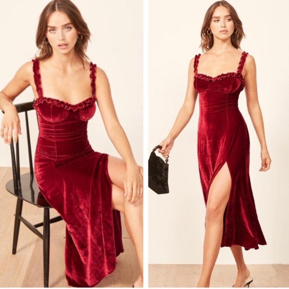 REFORMATION Red Velvet Pyrenees Midi Dress Size 8 M Silk & Rayon